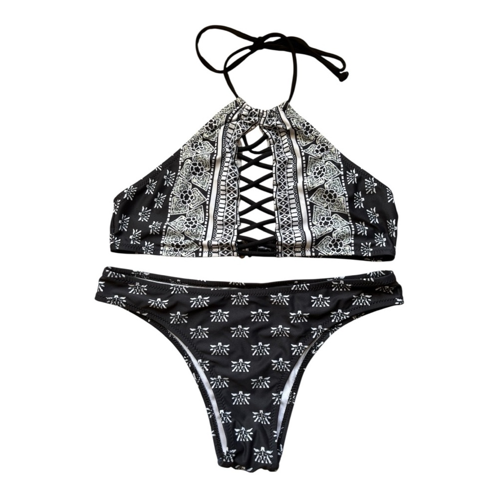 Black and White Halter Bikini Set